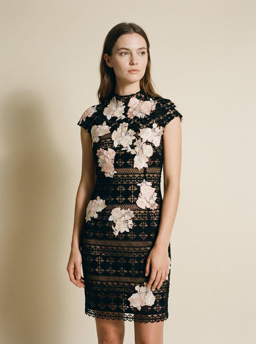Black Lace Floral Cocktail Dress