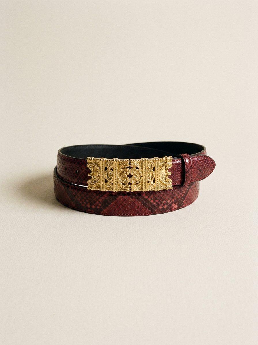 Red Snakeskin Ornate Buckle Belt