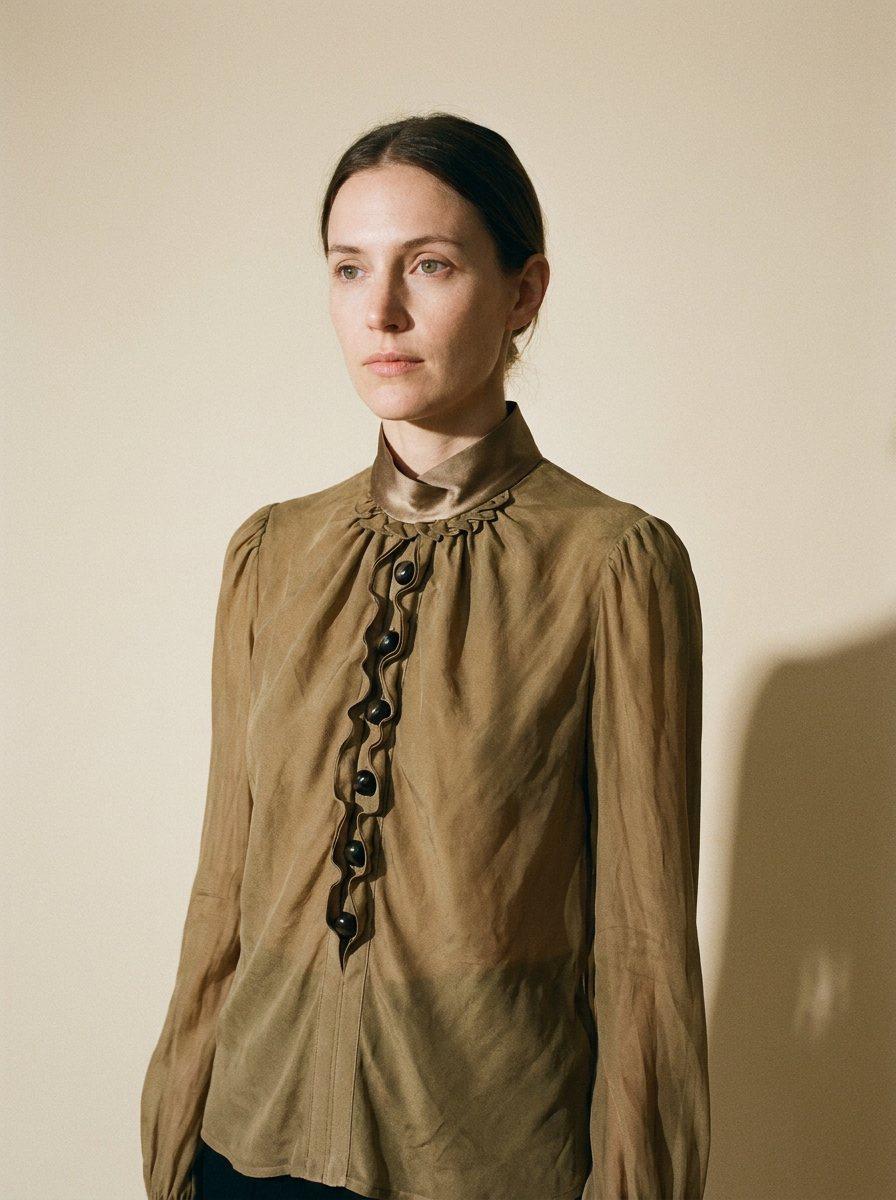 Olive Silk Ruffle Collar Blouse